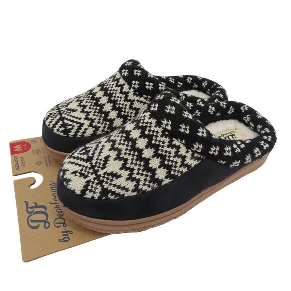 Dearfoams Medium 7-8 Black Cream Knit Memory Foam Indoor Outdoor Slippers NEW - Picture 1 of 14